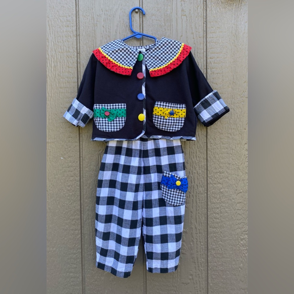 Vintage 2 piece  Checkered Primary Color Circus Overalls & Top Girl Toddler 3T